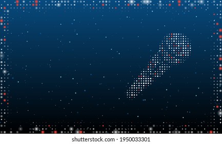 A la derecha está el símbolo del micrófono lleno de puntos blancos. Estilo de puntillismo. Resumen marco futurista de puntos y círculos. Algunos puntos son rojos. Ilustración vectorial sobre fondo azul con estrellas