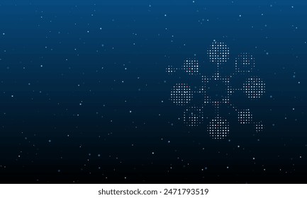 On the right is the molecule symbol filled with white dots. Background pattern from dots and circles of different shades. Vector illustration on blue background with stars