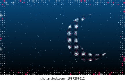 On the right is the moon symbol filled with white dots. Pointillism style. Abstract futuristic frame of dots and circles. Some dots is pink. Vector illustration on blue background with stars