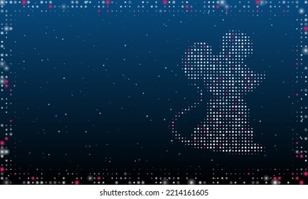 On the right is the mouse symbol filled with white dots. Pointillism style. Abstract futuristic frame of dots and circles. Some dots is pink. Vector illustration on blue background with stars