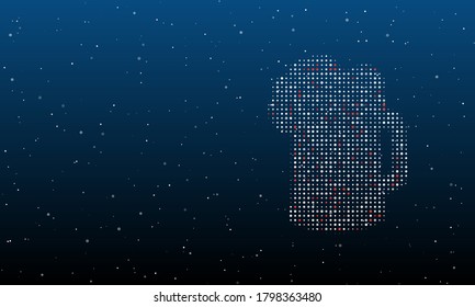 On the right is the mug beer symbol filled with white dots. Background pattern from dots and circles of different shades. Some dots is red. Vector illustration on blue background with stars