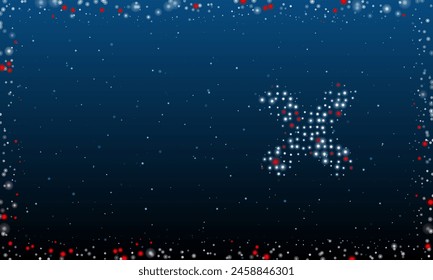 A la derecha está el símbolo de multiplicación lleno de puntos blancos. Estilo puntillismo. Abstractas marco futurista de puntos y círculos. Algunos puntos son rojos. Ilustración vectorial sobre fondo azul con estrellas
