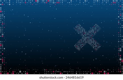 On the right is the multiplication symbol filled with white dots. Pointillism style. Abstract futuristic frame of dots and circles. Some dots is pink. Vector illustration on blue background with stars
