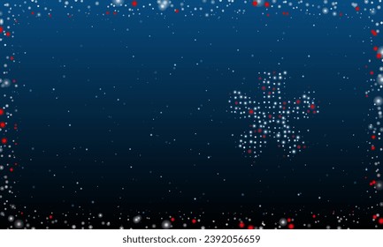 On the right is the multiply symbol filled with white dots. Pointillism style. Abstract futuristic frame of dots and circles. Some dots is red. Vector illustration on blue background with stars