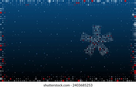 A la derecha está el símbolo de multiplicación rellenado con puntos blancos. Estilo de puntillismo. Resumen marco futurista de puntos y círculos. Algunos puntos son rojos. Ilustración vectorial sobre fondo azul con estrellas