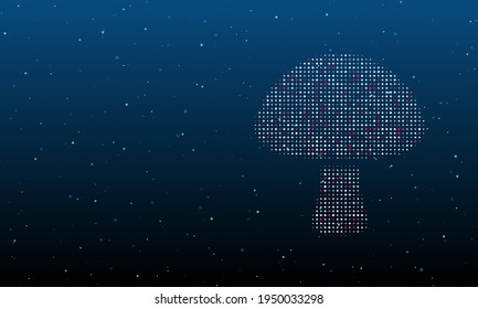 On the right is the mushroom symbol filled with white dots. Background pattern from dots and circles of different shades. Vector illustration on blue background with stars