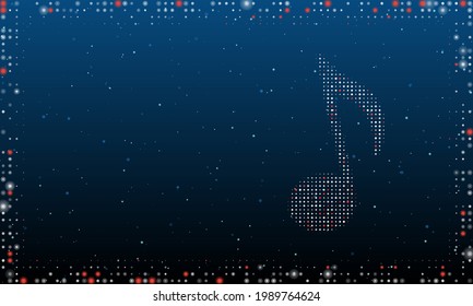 On the right is the musical note symbol filled with white dots. Pointillism style. Abstract futuristic frame of dots and circles. Some dots is red. Vector illustration on blue background with stars