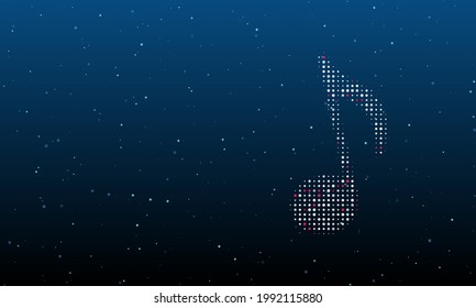 On the right is the musical note symbol filled with white dots. Background pattern from dots and circles of different shades. Vector illustration on blue background with stars