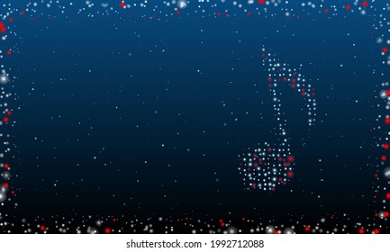 On the right is the musical note symbol filled with white dots. Pointillism style. Abstract futuristic frame of dots and circles. Some dots is red. Vector illustration on blue background with stars