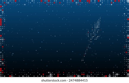 Rechts ist das mystische Speer-Symbol mit weißen Punkten gefüllt. Pointillismus. Abstrakte futuristische Rahmen von Punkten und Kreisen. Einige Punkte sind rot. Vektorillustration auf blauem Hintergrund mit Sternen