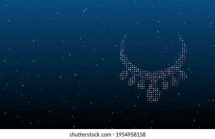 On the right is the necklace symbol filled with white dots. Background pattern from dots and circles of different shades. Vector illustration on blue background with stars