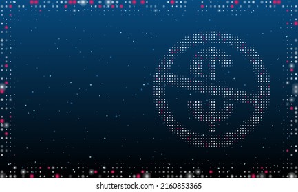 On the right is the no dollar symbol filled with white dots. Pointillism style. Abstract futuristic frame of dots and circles. Some dots is pink. Vector illustration on blue background with stars