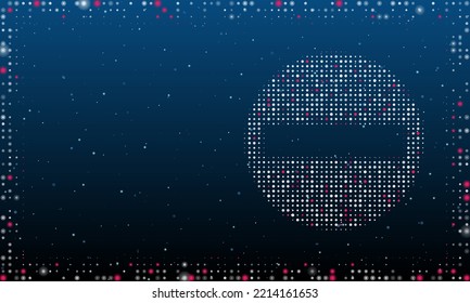 A la derecha está el símbolo de la calle de entrada sin puntos blancos. Estilo de puntillismo. Resumen marco futurista de puntos y círculos. Algunos puntos son rosas. Ilustración vectorial sobre fondo azul con estrellas