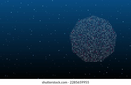 On the right is the nonagon symbol filled with white dots. Background pattern from dots and circles of different shades. Vector illustration on blue background with stars
