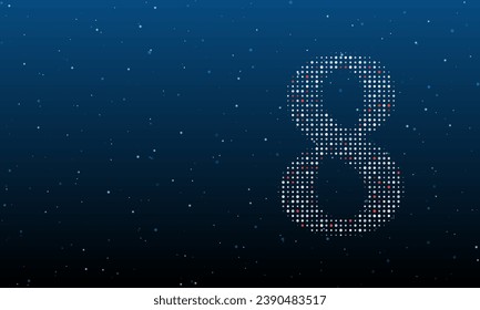 A la derecha está el símbolo número ocho lleno de puntos blancos. Patrón de fondo de puntos y círculos de diferentes matices. Ilustración vectorial sobre fondo azul con estrellas