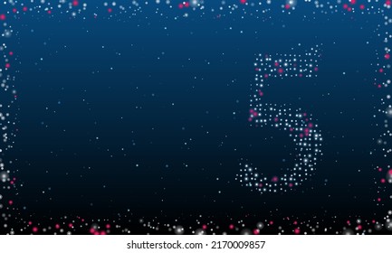 A la derecha está el símbolo número cinco lleno de puntos blancos. Estilo de puntillismo. Resumen marco futurista de puntos y círculos. Algunos puntos son rosas. Ilustración vectorial sobre fondo azul con estrellas
