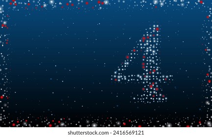On the right is the number four symbol filled with white dots. Pointillism style. Abstract futuristic frame of dots and circles. Some dots is red. Vector illustration on blue background with stars