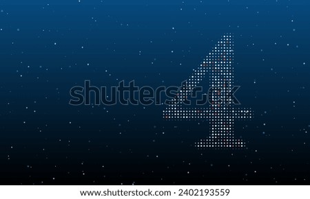 On the right is the number four symbol filled with white dots. Background pattern from dots and circles of different shades. Vector illustration on blue background with stars