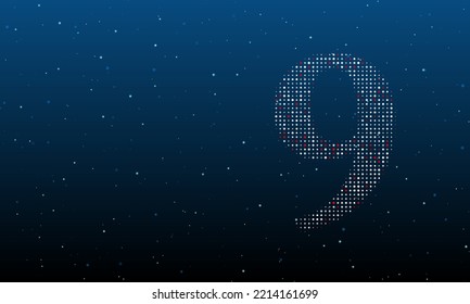 On the right is the number nine symbol filled with white dots. Background pattern from dots and circles of different shades. Vector illustration on blue background with stars