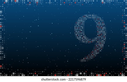 On the right is the number nine symbol filled with white dots. Pointillism style. Abstract futuristic frame of dots and circles. Some dots is red. Vector illustration on blue background with stars