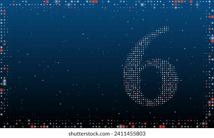 On the right is the number six symbol filled with white dots. Pointillism style. Abstract futuristic frame of dots and circles. Some dots is red. Vector illustration on blue background with stars