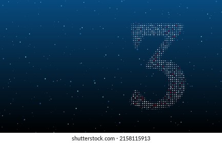 On the right is the number three symbol filled with white dots. Background pattern from dots and circles of different shades. Vector illustration on blue background with stars