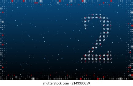 On the right is the number two symbol filled with white dots. Pointillism style. Abstract futuristic frame of dots and circles. Some dots is red. Vector illustration on blue background with stars