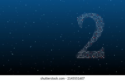 On the right is the number two symbol filled with white dots. Background pattern from dots and circles of different shades. Vector illustration on blue background with stars