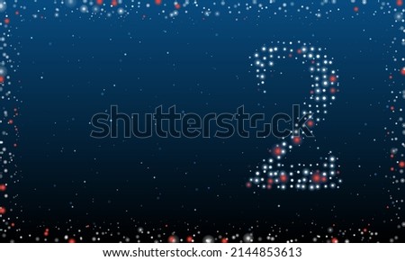 On the right is the number two symbol filled with white dots. Pointillism style. Abstract futuristic frame of dots and circles. Some dots is red. Vector illustration on blue background with stars
