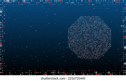 On the right is the octagon symbol filled with white dots. Pointillism style. Abstract futuristic frame of dots and circles. Some dots is red. Vector illustration on blue background with stars