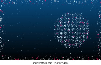 On the right is the octagon symbol filled with white dots. Pointillism style. Abstract futuristic frame of dots and circles. Some dots is pink. Vector illustration on blue background with stars