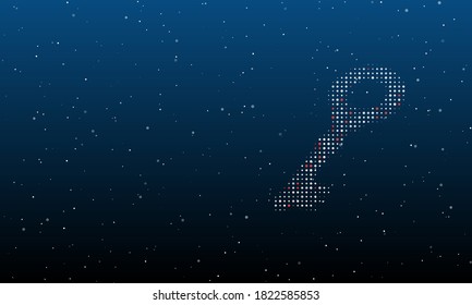 A la derecha está el símbolo de la clave antigua, relleno de puntos blancos. Patrón de fondo de puntos y círculos de diferentes matices. Algunos puntos son rojos. Ilustración vectorial sobre fondo azul con estrellas