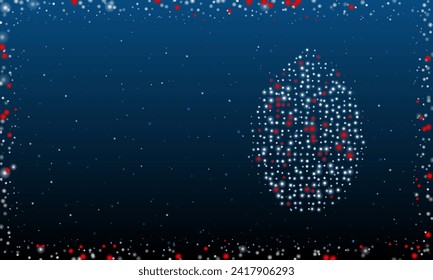 On the right is the oval symbol filled with white dots. Pointillism style. Abstract futuristic frame of dots and circles. Some dots is red. Vector illustration on blue background with stars