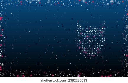 On the right is the owl head symbol filled with white dots. Pointillism style. Abstract futuristic frame of dots and circles. Some dots is pink. Vector illustration on blue background with stars