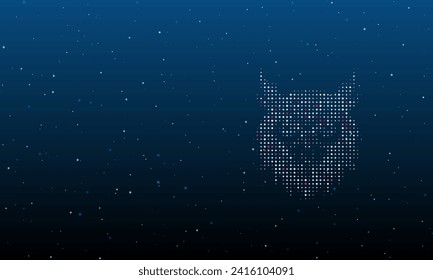 On the right is the owl head symbol filled with white dots. Background pattern from dots and circles of different shades. Vector illustration on blue background with stars
