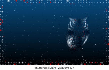 On the right is the owl symbol filled with white dots. Pointillism style. Abstract futuristic frame of dots and circles. Some dots is red. Vector illustration on blue background with stars