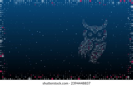 On the right is the owl symbol filled with white dots. Pointillism style. Abstract futuristic frame of dots and circles. Some dots is pink. Vector illustration on blue background with stars