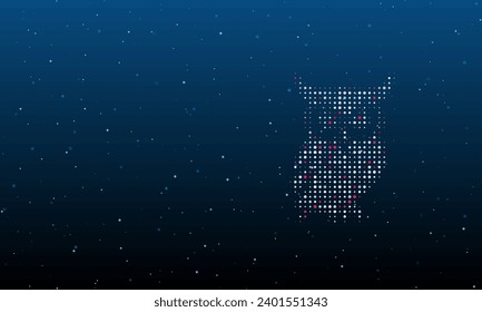 On the right is the owl symbol filled with white dots. Background pattern from dots and circles of different shades. Vector illustration on blue background with stars