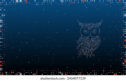 On the right is the owl symbol filled with white dots. Pointillism style. Abstract futuristic frame of dots and circles. Some dots is red. Vector illustration on blue background with stars