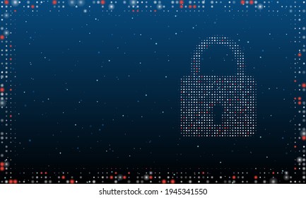 On the right is the padlock symbol filled with white dots. Pointillism style. Abstract futuristic frame of dots and circles. Some dots is red. Vector illustration on blue background with stars