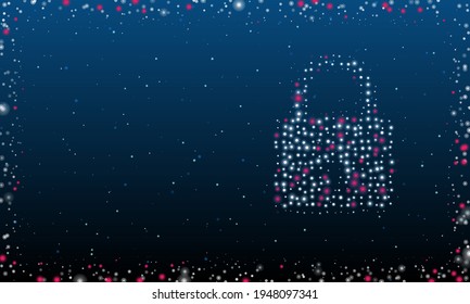 On the right is the padlock symbol filled with white dots. Pointillism style. Abstract futuristic frame of dots and circles. Some dots is pink. Vector illustration on blue background with stars