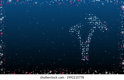 On the right is the palm trees symbol filled with white dots. Pointillism style. Abstract futuristic frame of dots and circles. Some dots is pink. Vector illustration on blue background with stars