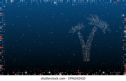 On the right is the palm trees symbol filled with white dots. Pointillism style. Abstract futuristic frame of dots and circles. Some dots is red. Vector illustration on blue background with stars