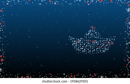 On the right is the paper boat symbol filled with white dots. Pointillism style. Abstract futuristic frame of dots and circles. Some dots is red. Vector illustration on blue background with stars