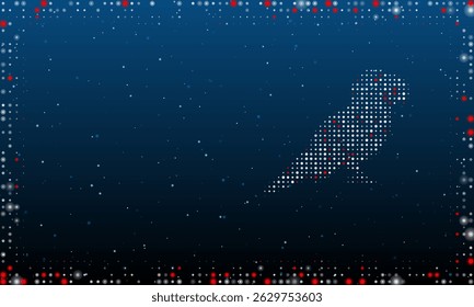 On the right is the parrot symbol filled with white dots. Pointillism style. Abstract futuristic frame of dots and circles. Some dots is red. Vector illustration on blue background with stars