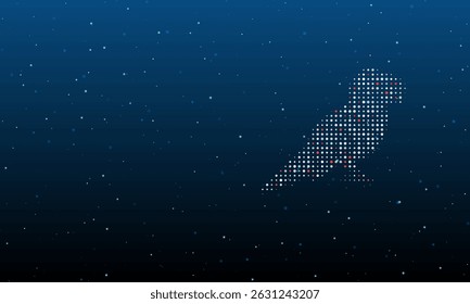 On the right is the parrot symbol filled with white dots. Background pattern from dots and circles of different shades. Vector illustration on blue background with stars