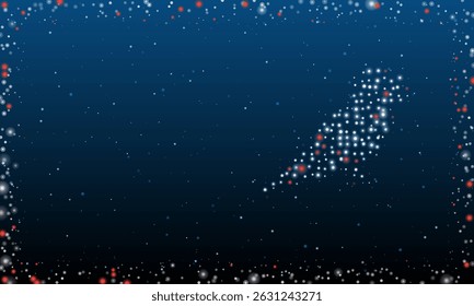 On the right is the parrot symbol filled with white dots. Pointillism style. Abstract futuristic frame of dots and circles. Some dots is red. Vector illustration on blue background with stars