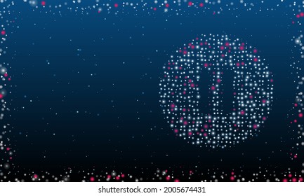 On the right is the pause symbol filled with white dots. Pointillism style. Abstract futuristic frame of dots and circles. Some dots is pink. Vector illustration on blue background with stars