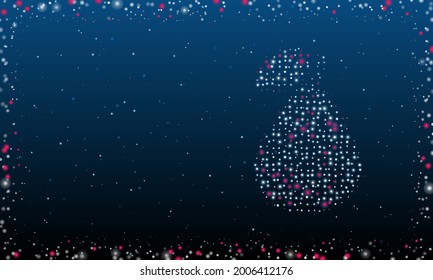 On the right is the pear symbol filled with white dots. Pointillism style. Abstract futuristic frame of dots and circles. Some dots is pink. Vector illustration on blue background with stars