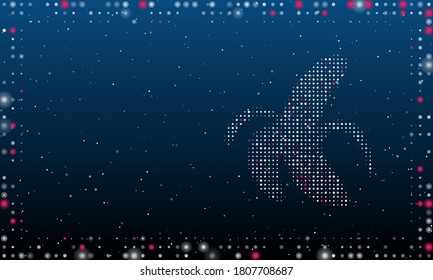 On the right is the peeled banana symbol filled with white dots. Abstract futuristic frame of dots and circles. Some dots is pink. Vector illustration on blue background with stars